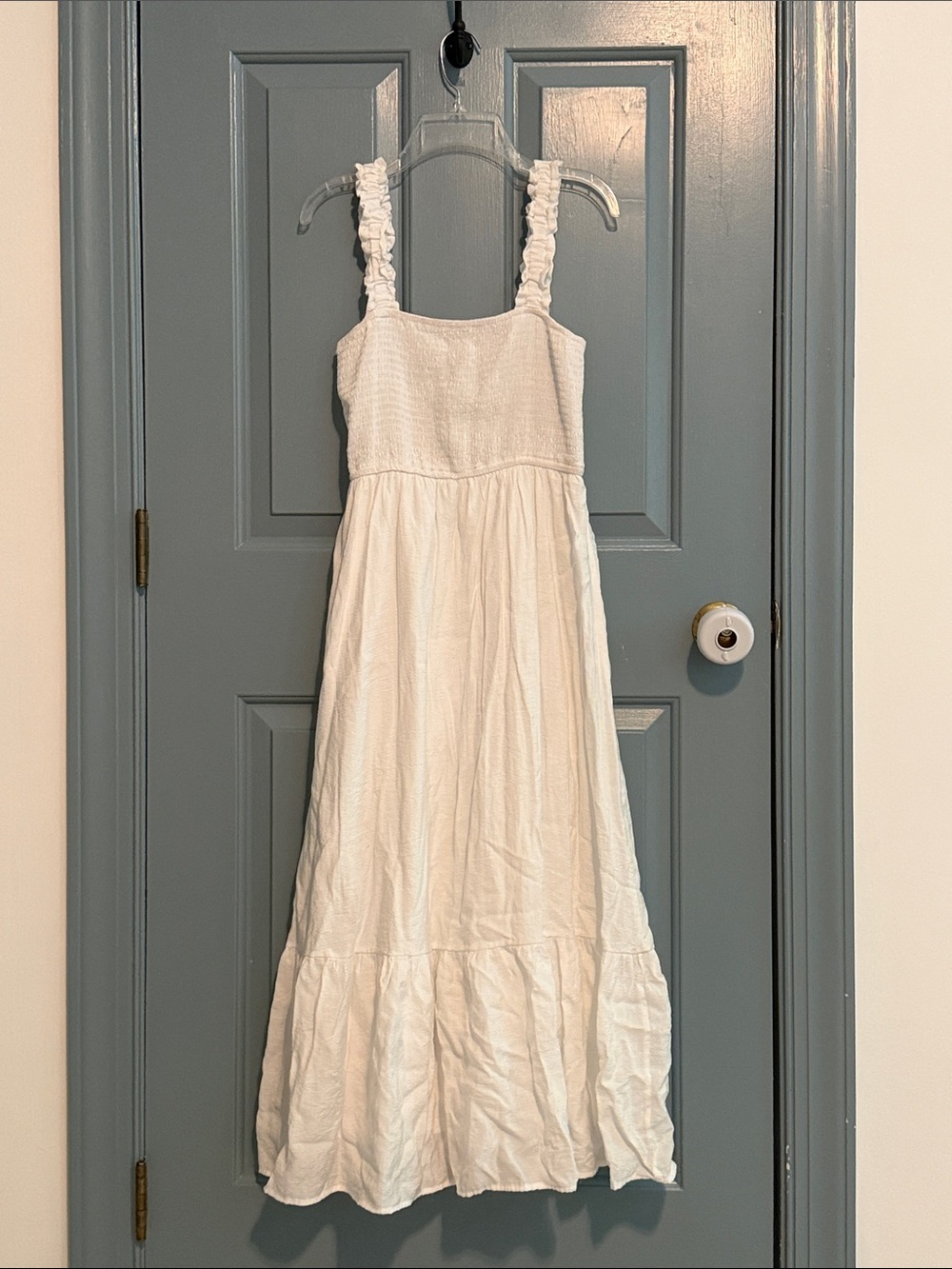 Smocked White Midi Dress with Ruffle Straps
